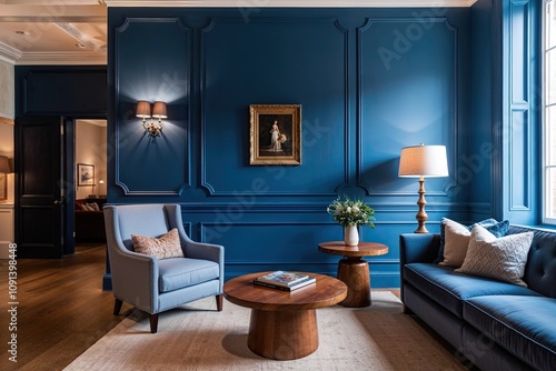 Wallpaper Mural Expansive Elegant Blue Wall with Chic Armchair and Rounded Wooden Coffee Table in a Cozy Lounge Area Torontodigital.ca