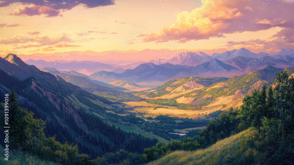 Twilight envelops lush valleys and majestic mountains, illuminating the landscape with a soft glow and enhancing its tranquil beauty. Twilight envelops lush valleys and majestic mountains, illuminating the landscape with a soft glow and enhancing its tranquil beauty.