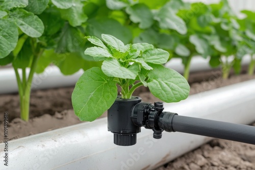 Close-up of a green plant with irrigation system in a garden setting.