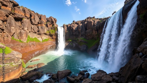 Majestic Waterfall in Lush Green Valley: Perfect for Wall Art, Posters, and Nature Photography