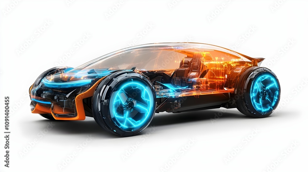 Fototapeta premium futuristic electric car, fully visible, smooth transparent structure, showcasing cutting-edge battery, illuminated blue highlights, state-of-the-art battery technology, dynamic energy movement,