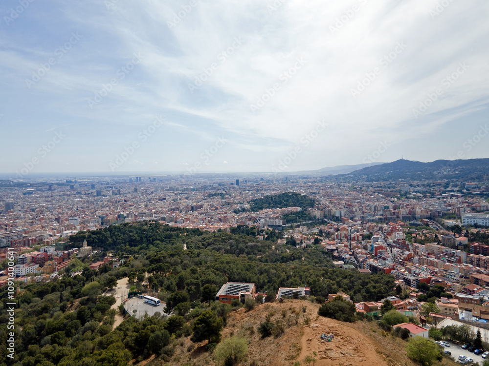 Obraz premium Aerial landscape of Barcelona city mountain from Bunkers of Carmel during summer in Barcelona