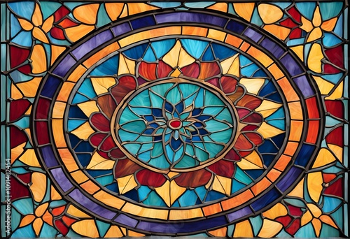 A moroccan tile inspired stained glass design with bold symmetry and bright colors, AI Generated photo