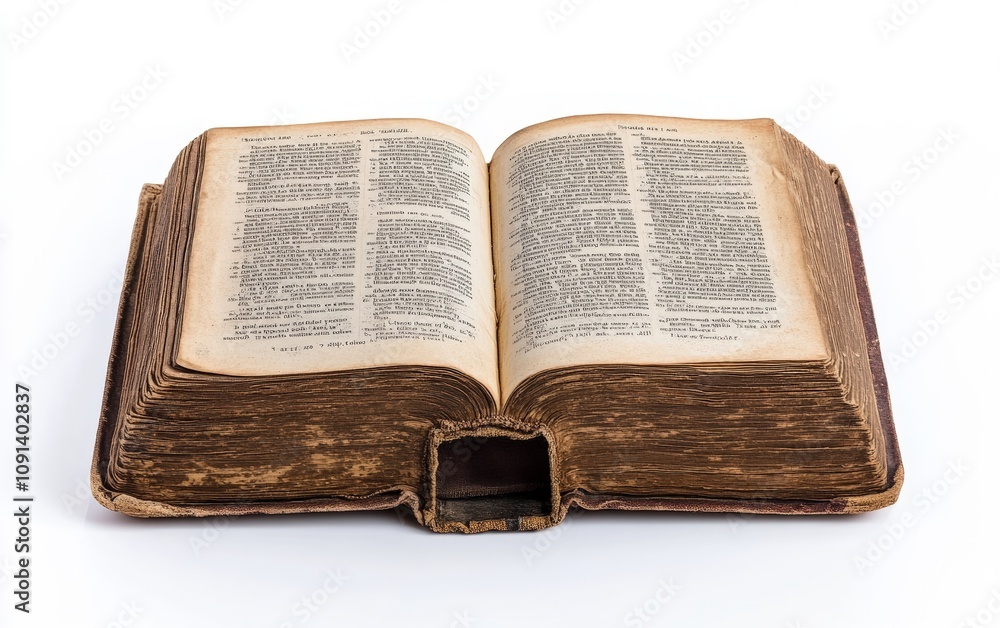 Obraz premium Open hardcover book with visible text and pages, placed neatly on a white background, professional studio lighting 