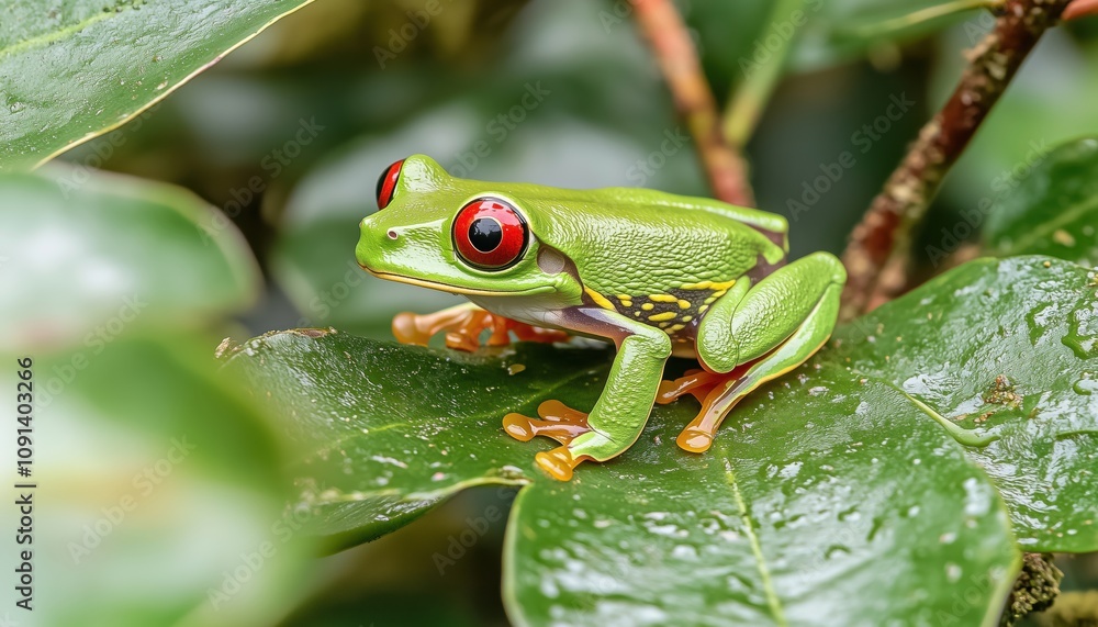 Obraz premium Closeup Of A Red-Eyed Tree Frog On Lush Green Leaves: A Stunning Image Of The Exotic Rainforest Resident, Agalychnis Callidryas.