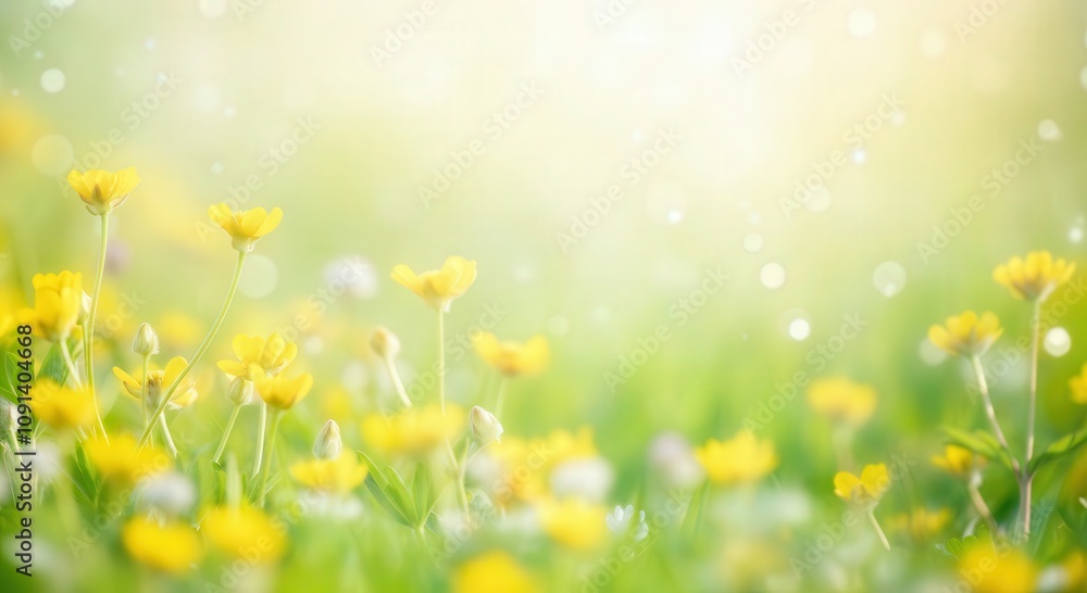Fototapeta premium Springtime serenity with yellow wildflowers and soft sunlight in a tranquil meadow