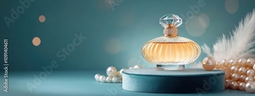 Wallpaper Mural Elegant perfume bottle on a velvet pedestal, adorned with pearls and feathers, vintage luxury concept Torontodigital.ca