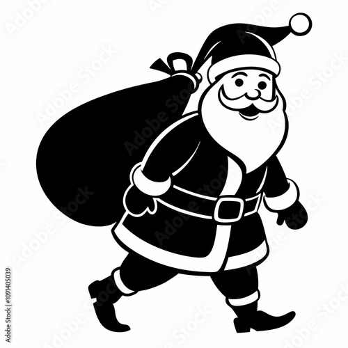 Black vector silhouette of Santa Claus holding a sack of gifts on a white background