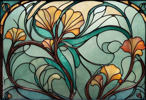 An art nouveau inspired stained glass background with flowing organic lines, AI Generated