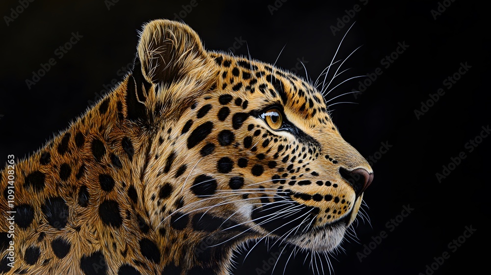 Obraz premium A leopard in profile, close-up of the head with yellow and black spots on it, black background, vector drawing