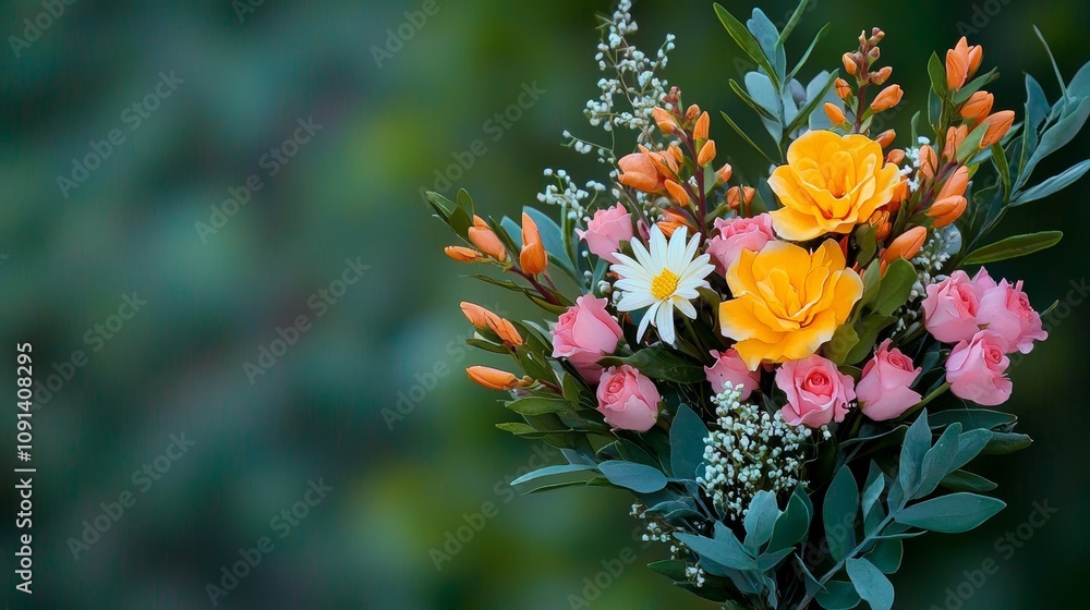 Vibrant Bouquet of Fresh Flowers with Yellow and Pink Roses, White Daisies, and Lush Greenery Against a Soft Focus Background Vibrant Bouquet of Fresh Flowers with Yellow and Pink Roses, White Daisies, and Lush Greenery Against a Soft Focus Background