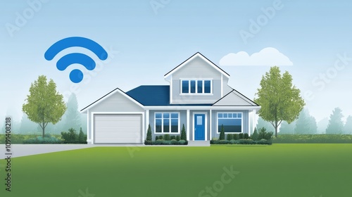 Connected smart home illustration featuring a blue WiFi symbol and a WiFi extender icon, showcasing a modern house surrounded by trees and a clear sky. photo