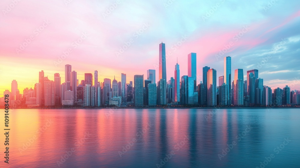 Fototapeta premium decision-making strategy and critical thinking concept, A vibrant city skyline at sunset, featuring modern skyscrapers reflected in calm waters, showcasing a blend of colors in the sky.