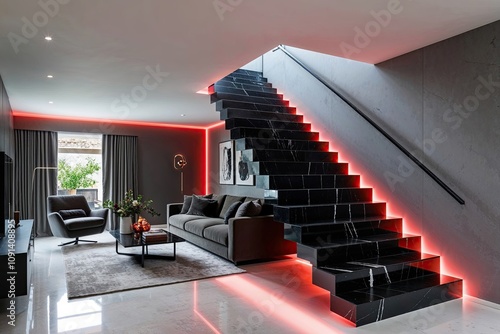 Modern Black Marble L-Shaped Floating Staircase with Neon Glow in a Contemporary Gray Living Room photo