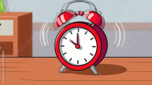 Animated red alarm clock ringing on a wooden table. A perfect representation of urgency or time management concepts.