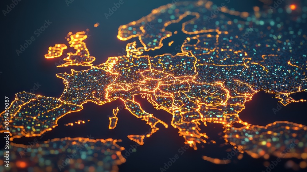Obraz premium Illuminated Map of Europe at Night with Vibrant City Lights and Intricate Road Networks Highlighting Major Urban Areas and Natural Features