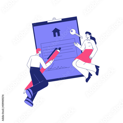 Male And Female Characters Signing House Agreement In Flat Vector Illustration Symbolizing Real Estate Documentation And Mortgage Contracts, Isolated On White Background
