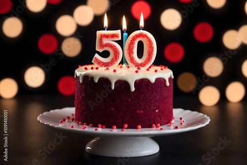 50th birthday cake with wfrosting and number 50 candle, isolated on dark background with bokeh lights photo