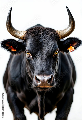 Close-up portrait of an angry black bull with intense eyes, emphasizing its power and strength.

 photo