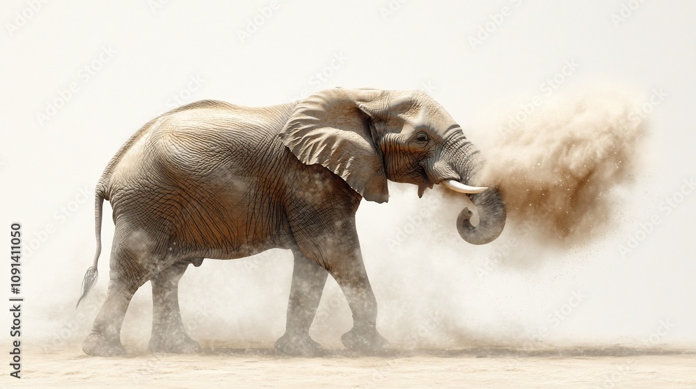Fototapeta premium An elephant throwing dust in a dry environment, showcasing its majestic presence.