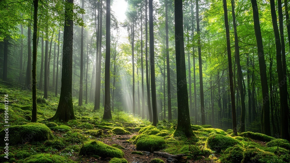 Obraz premium Misty Forest with Moss-Covered Rocks