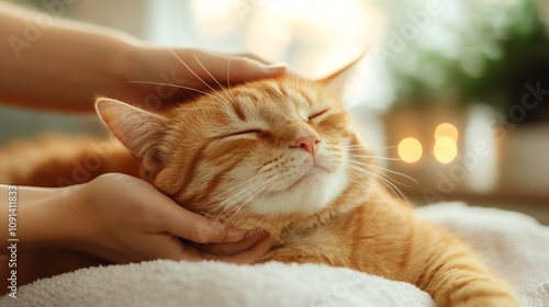 A relaxed orange cat being gently petted, exuding comfort and contentment in a serene environment. photo