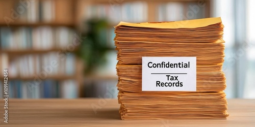 A stack of confidential tax records placed on a wooden table with blurred bookshelves in the background, suggesting an organized office environment.