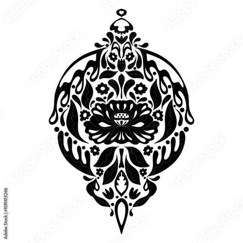 Intricate silhouette floral Christmas ornament elegant black and white decorative ball.  Vector folk art element