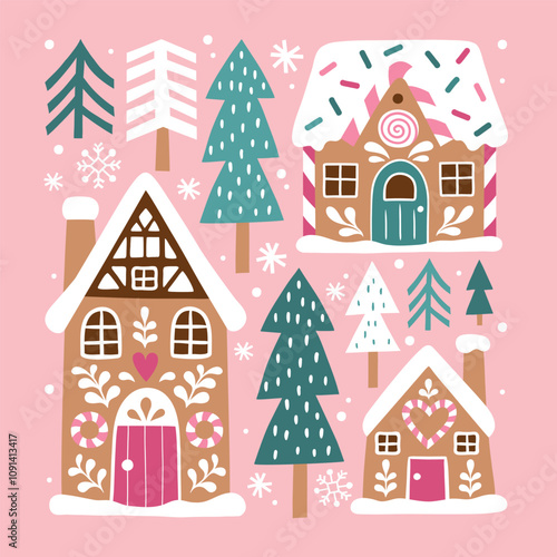 Cute Christmas gingerbread houses and snowy pine trees. Hand drawn Scandinavian Christmas vector clipart. Perfect for tee shirt logo, greeting card, poster or nursery print design. EPS10 vector file.