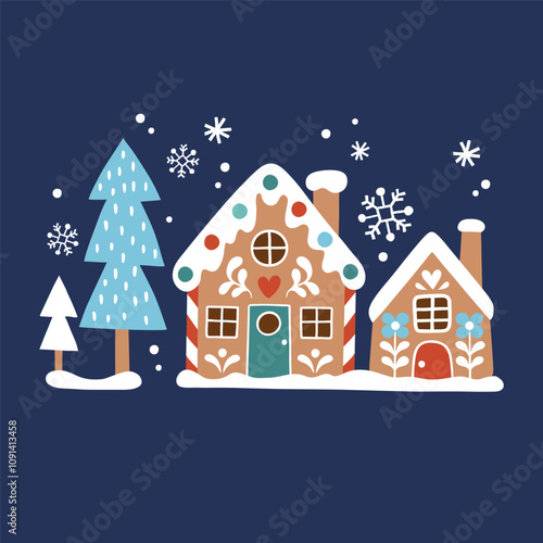 Cute Christmas gingerbread houses and snowy pine trees. Hand drawn Scandinavian Christmas vector clipart. Perfect for tee shirt logo, greeting card, poster or nursery print design. EPS10 vector file.