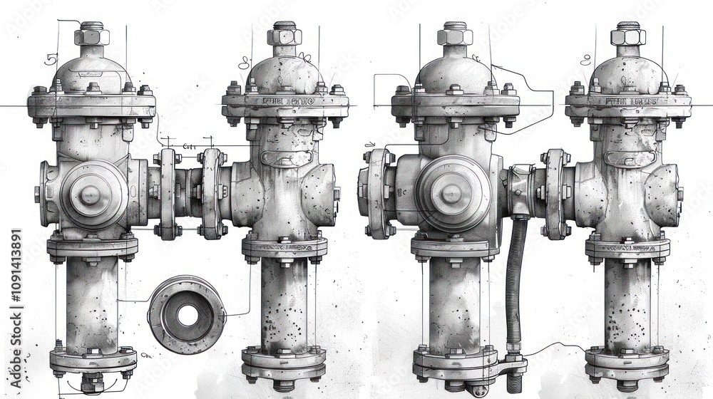 Fototapeta premium Detailed technical drawings of four fire hydrants, showing different perspectives and components, with annotations and measurements.
