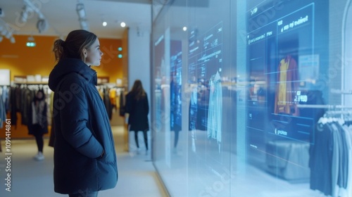 A young woman stands before a large interactive display in a clothing store. The display shows clothing items with digital information overlaid. photo