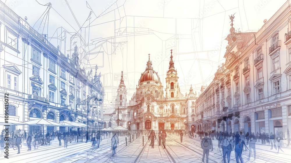 Fototapeta premium European Cityscape, Architectural Sketch, Crowded Street.