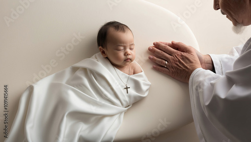 Spiritual moment shared between an elder and a baby during a serene prayer session in a softly lit environment