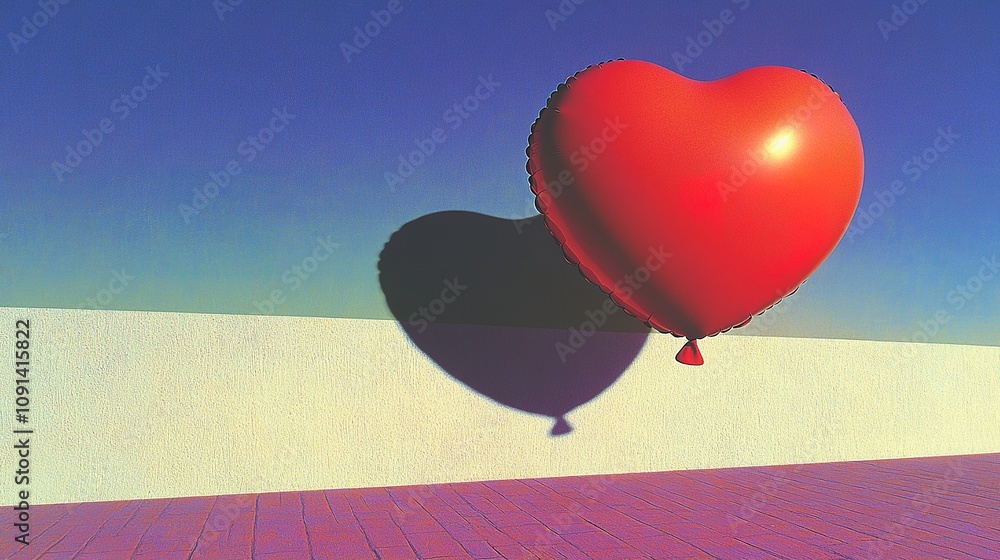 Fototapeta premium Red heart-shaped balloon casting shadow on clear blue sky