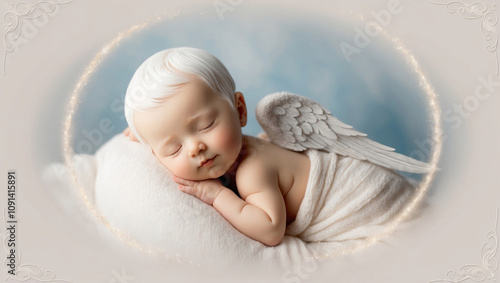 Adorable baby peacefully sleeping with angel wings and soft blankets in a serene setting