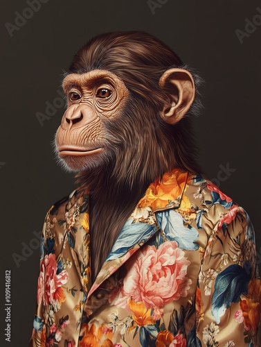 A stylish monkey in a floral suit exuding charisma and charm, bringing a playful twist to fashion. photo