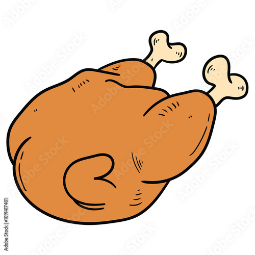 Hand drawn cartoon whole roasted chicken on white background.