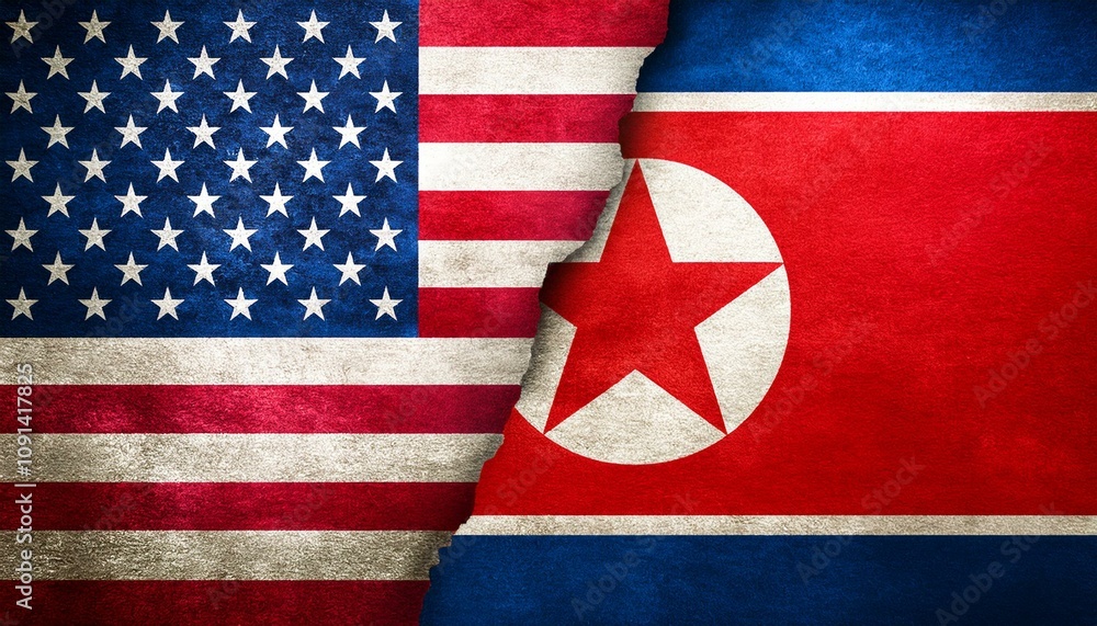 Obraz premium 古いビンテージのアメリカの国旗と北朝鮮の国旗(Old grunge vintage japan flag and north korea flag.) 