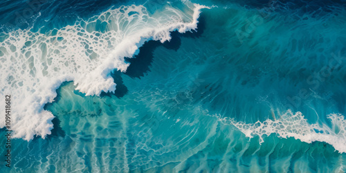 Top and aerial view of wave ocean sea background. Blue and white wavy sea water background.