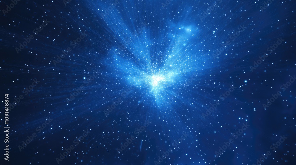 Fototapeta premium Brilliant deep blue night sky filled with sparkling stars and light rays, creating a mesmerizing backdrop ideal for celebrations, designs, and creative projects with ample text space.