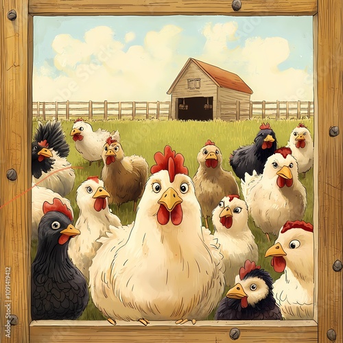 Humorous illustration of pets. Roster and Chickens