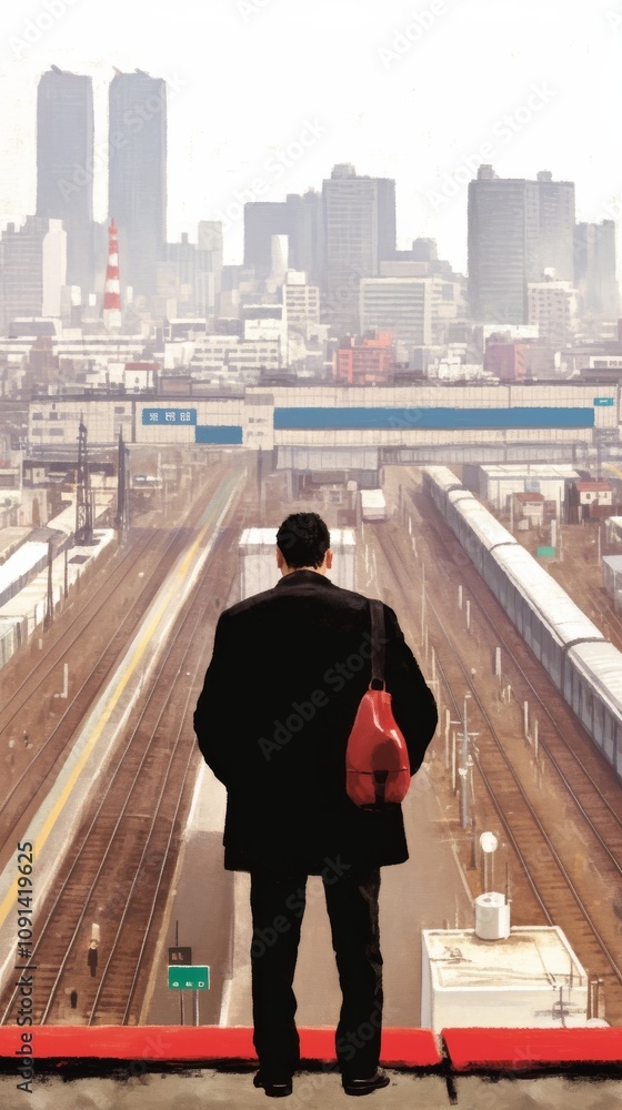Man stands on a platform overlooking a train station Man stands on a platform overlooking a train station
