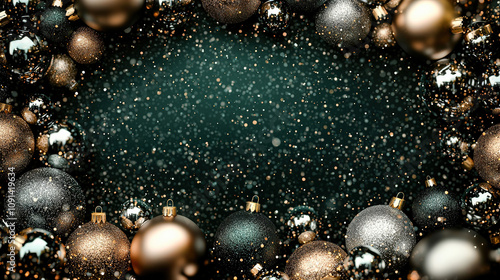 A gradient background transitions from deep green to black, adorned with metallic silver and gold baubles at the edges. The clear area in the center is perfect for corporate greetings. photo