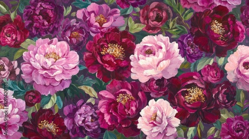 Wallpaper Mural Vibrant floral backdrop showcasing a rich array of magenta pink and burgundy peony flowers, perfect for festive and luxurious celebration themes. Torontodigital.ca