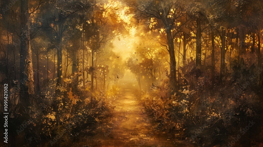 Fototapeta premium Golden autumn forest path, sunlit, misty.