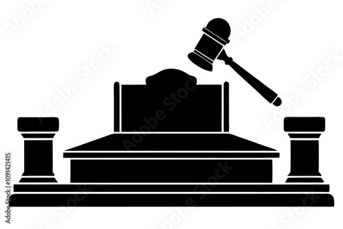 Courtroom Bench with Gavel Silhouette - Simple Justice Vector Design