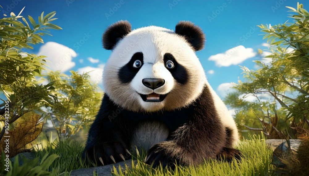 Obraz premium a panda in the wild with trees and blue sky.