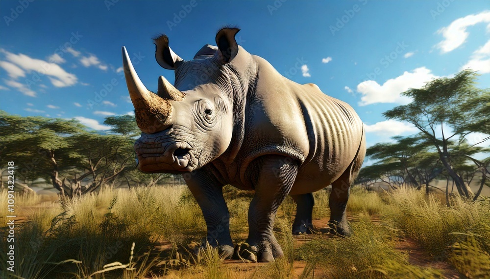Fototapeta premium a rhinoceros standing in the wild with trees and blue sky.