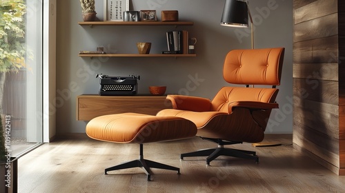 Modern living room with an orange lamp, wooden floor, and a cozy armchair with an ottoman in Danish design. A wall shelf with a typewriter adds a touch of style and practicality to the space. photo